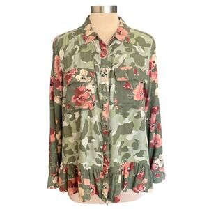 Cato Camouflage Floral Boho Button Up Top Sz 14/16W Ruffled Feminine Fall Casual